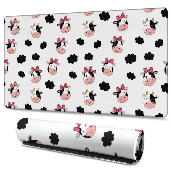 Long Mouse Pads for Desk,White Cow Bow Cloud Pattern Desk Mats on Top Of Desks, Desk Mouse Pad Extra Large with 3mm Non-Slip Base and Stitched Edge for Gaming,Office,Work,Home 47.3"x23.6"