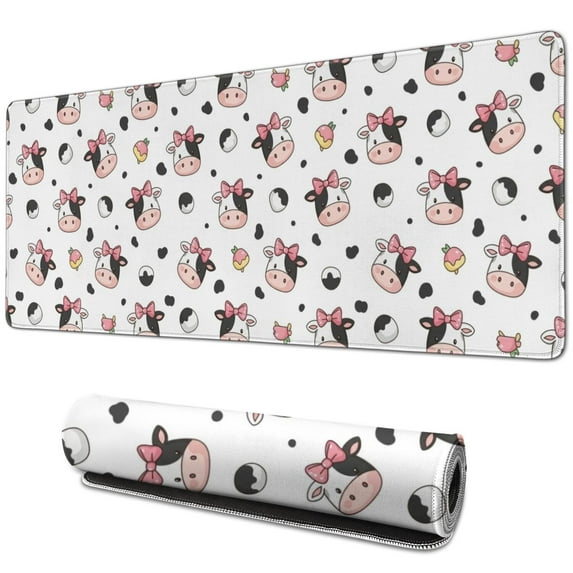 Long Mouse Pads for Desk,White Cow Bow Pattern Desk Mats on Top Of Desks, Desk Mouse Pad Extra Large with 3mm Non-Slip Base and Stitched Edge for Gaming,Office,Work,Home 31.5"x11.8"
