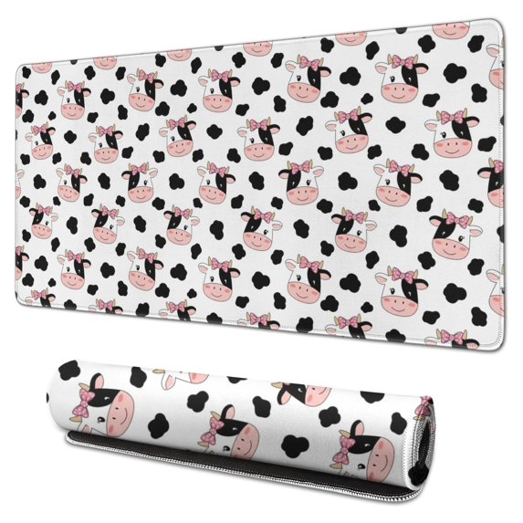 Long Mouse Pads for Desk,White Cow Bow Pattern Desk Mats on Top Of Desks, Desk Mouse Pad Extra Large with 3mm Non-Slip Base and Stitched Edge for Gaming,Office,Work,Home 31.5"x15.7"