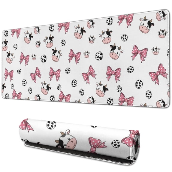Long Mouse Pads for Desk,White Cow Bow Pattern Desk Mats on Top Of Desks, Desk Mouse Pad Extra Large with 3mm Non-Slip Base and Stitched Edge for Gaming,Office,Work,Home 31.5"x11.8"