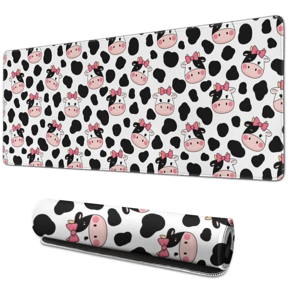 Long Mouse Pads for Desk,White Cow Bow Pattern Desk Mats on Top Of Desks, Desk Mouse Pad Extra Large with 3mm Non-Slip Base and Stitched Edge for Gaming,Office,Work,Home 31.5"x11.8"