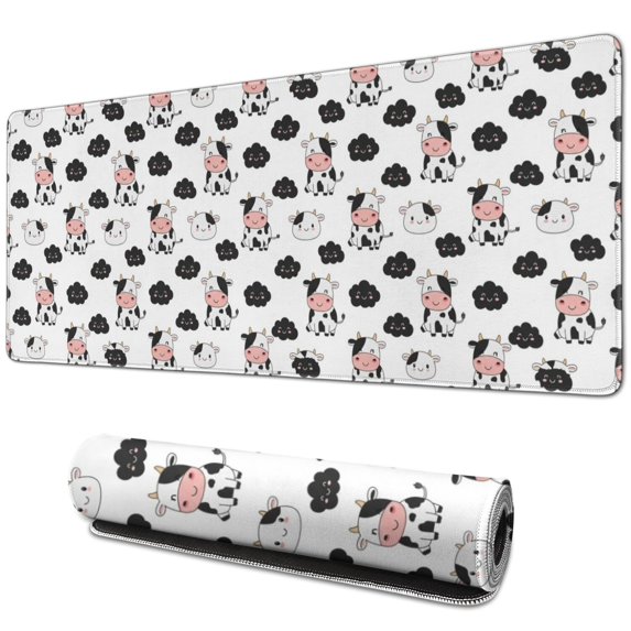 Long Mouse Pads for Desk,White Cow Cloud Pattern Desk Mats on Top Of Desks, Desk Mouse Pad Extra Large with 3mm Non-Slip Base and Stitched Edge for Gaming,Office,Work,Home 31.5"x11.8"