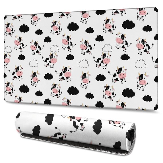 Long Mouse Pads for Desk,White Cow Cloud Pattern Desk Mats on Top Of Desks, Desk Mouse Pad Extra Large with 3mm Non-Slip Base and Stitched Edge for Gaming,Office,Work,Home 47.3"x23.6"