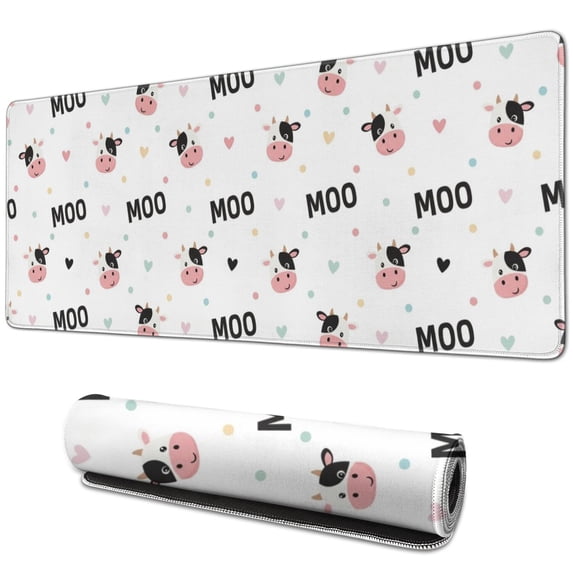 Long Mouse Pads for Desk,White Cow Colorful Moo Pattern Desk Mats on Top Of Desks, Desk Mouse Pad Extra Large with 3mm Non-Slip Base and Stitched Edge for Gaming,Office,Work,Home 31.5"x11.8"