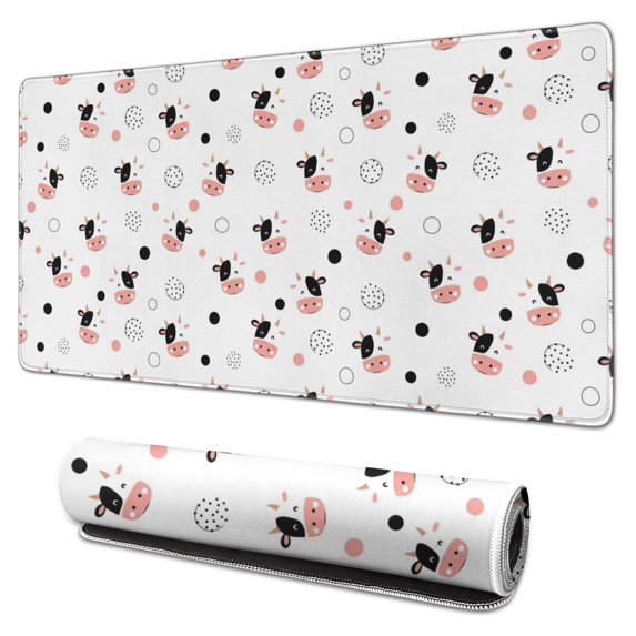 Long Mouse Pads for Desk,White Cow Cow Head Pattern Desk Mats on Top Of Desks, Desk Mouse Pad Extra Large with 3mm Non-Slip Base and Stitched Edge for Gaming,Office,Work,Home 31.5"x15.7"