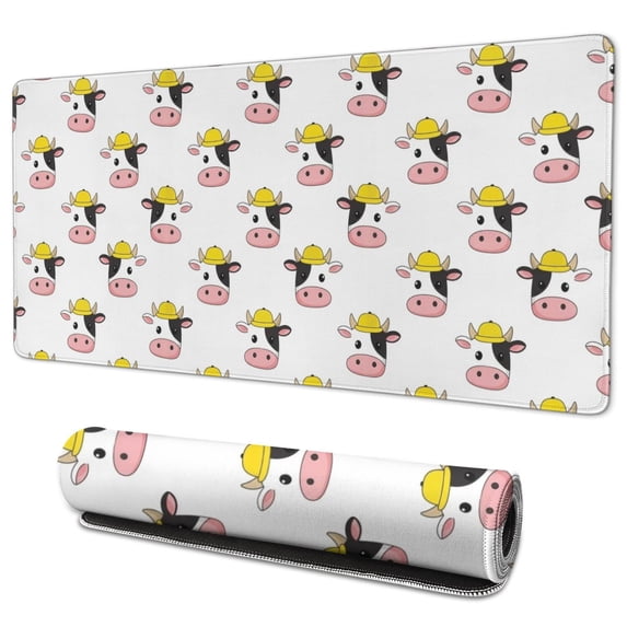 Long Mouse Pads for Desk,White Cow Engineer Pattern Desk Mats on Top Of Desks, Desk Mouse Pad Extra Large with 3mm Non-Slip Base and Stitched Edge for Gaming,Office,Work,Home 35.4"x15.7"