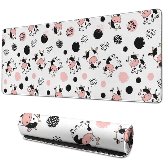 Long Mouse Pads for Desk,White Cow Geometric Pattern Desk Mats on Top Of Desks, Desk Mouse Pad Extra Large with 3mm Non-Slip Base and Stitched Edge for Gaming,Office,Work,Home 31.5"x11.8"