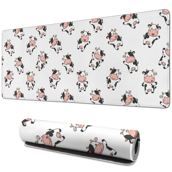 Long Mouse Pads for Desk,White Cow Happy Cow Pattern Desk Mats on Top Of Desks, Desk Mouse Pad Extra Large with 3mm Non-Slip Base and Stitched Edge for Gaming,Office,Work,Home 31.5"x11.8"