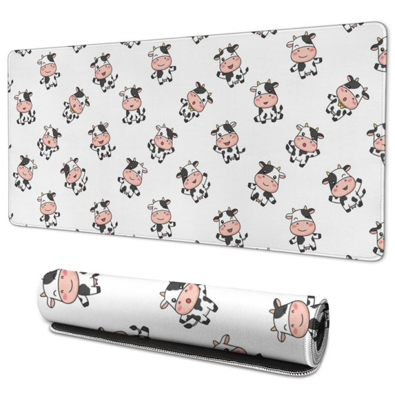 Long Mouse Pads for Desk,White Cow Happy Pattern Desk Mats on Top Of Desks, Desk Mouse Pad Extra Large with 3mm Non-Slip Base and Stitched Edge for Gaming,Office,Work,Home 35.4"x15.7"