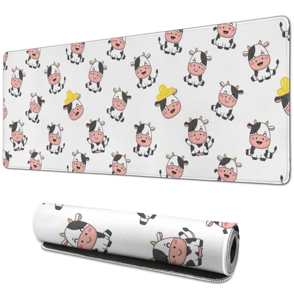 Long Mouse Pads for Desk,White Cow Happy Pattern Desk Mats on Top Of Desks, Desk Mouse Pad Extra Large with 3mm Non-Slip Base and Stitched Edge for Gaming,Office,Work,Home 31.5"x11.8"