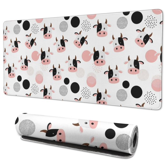 Long Mouse Pads for Desk,White Cow Head Dot Pattern Desk Mats on Top Of Desks, Desk Mouse Pad Extra Large with 3mm Non-Slip Base and Stitched Edge for Gaming,Office,Work,Home 35.4"x15.7"