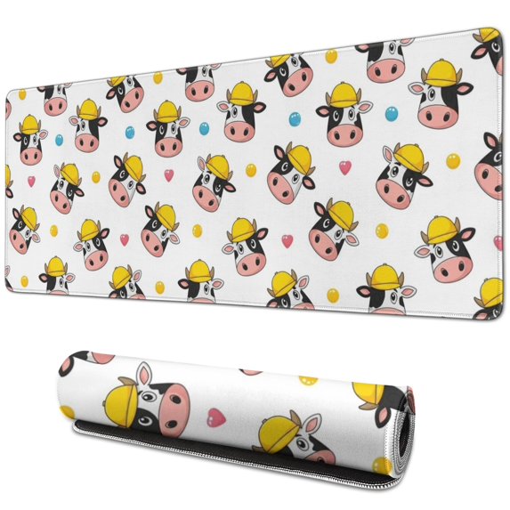 Long Mouse Pads for Desk,White Cow Head Hat Pattern Desk Mats on Top Of Desks, Desk Mouse Pad Extra Large with 3mm Non-Slip Base and Stitched Edge for Gaming,Office,Work,Home 31.5"x11.8"