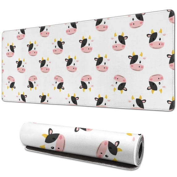 Long Mouse Pads for Desk,White Cow Head Pattern Desk Mats on Top Of Desks, Desk Mouse Pad Extra Large with 3mm Non-Slip Base and Stitched Edge for Gaming,Office,Work,Home 31.5"x11.8"