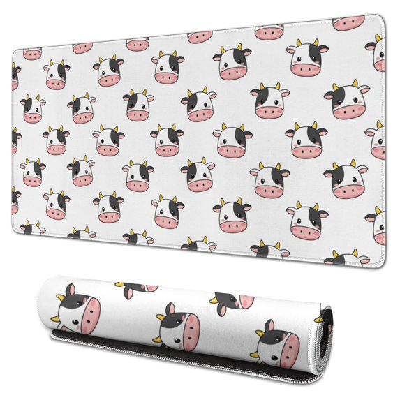 Long Mouse Pads for Desk,White Cow Head Pattern Desk Mats on Top Of Desks, Desk Mouse Pad Extra Large with 3mm Non-Slip Base and Stitched Edge for Gaming,Office,Work,Home 31.5"x15.7"