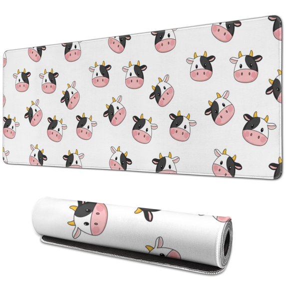 Long Mouse Pads for Desk,White Cow Head Pattern Desk Mats on Top Of Desks, Desk Mouse Pad Extra Large with 3mm Non-Slip Base and Stitched Edge for Gaming,Office,Work,Home 31.5"x11.8"