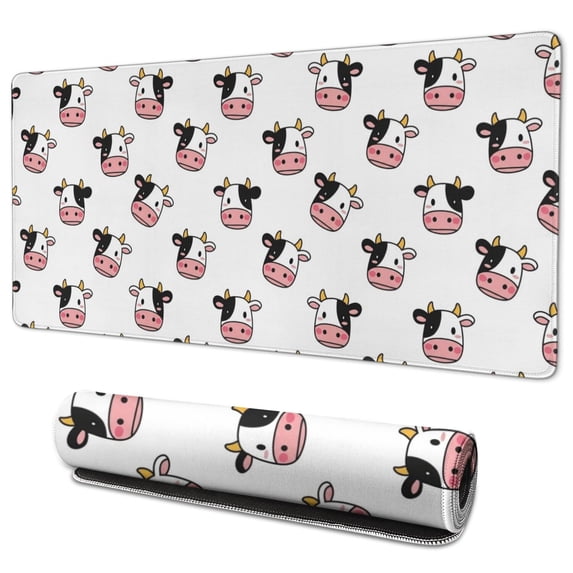 Long Mouse Pads for Desk,White Cow Head Pattern Desk Mats on Top Of Desks, Desk Mouse Pad Extra Large with 3mm Non-Slip Base and Stitched Edge for Gaming,Office,Work,Home 35.4"x15.7"