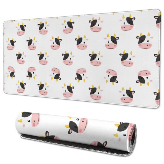 Long Mouse Pads for Desk,White Cow Head Pattern Desk Mats on Top Of Desks, Desk Mouse Pad Extra Large with 3mm Non-Slip Base and Stitched Edge for Gaming,Office,Work,Home 35.4"x15.7"