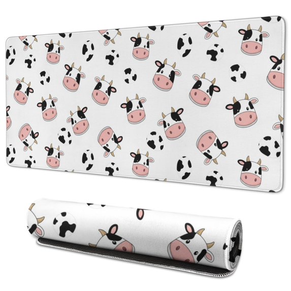 Long Mouse Pads for Desk,White Cow Head Spot Pattern Desk Mats on Top Of Desks, Desk Mouse Pad Extra Large with 3mm Non-Slip Base and Stitched Edge for Gaming,Office,Work,Home 35.4"x15.7"