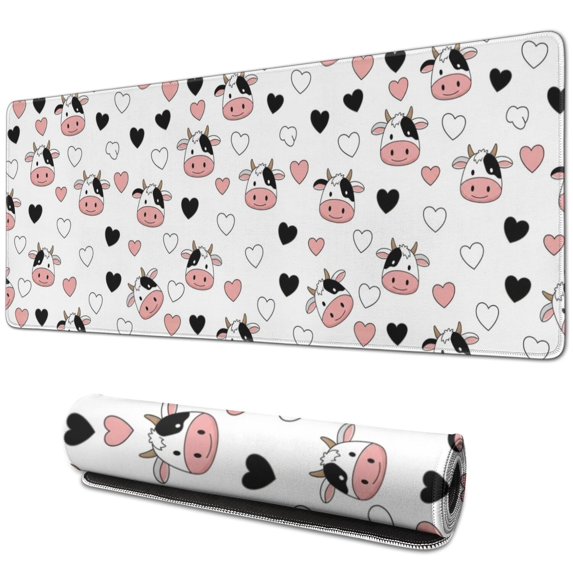 Long Mouse Pads for Desk,White Cow Heart Pattern Desk Mats on Top Of Desks, Desk Mouse Pad Extra Large with 3mm Non-Slip Base and Stitched Edge for Gaming,Office,Work,Home 31.5"x11.8"