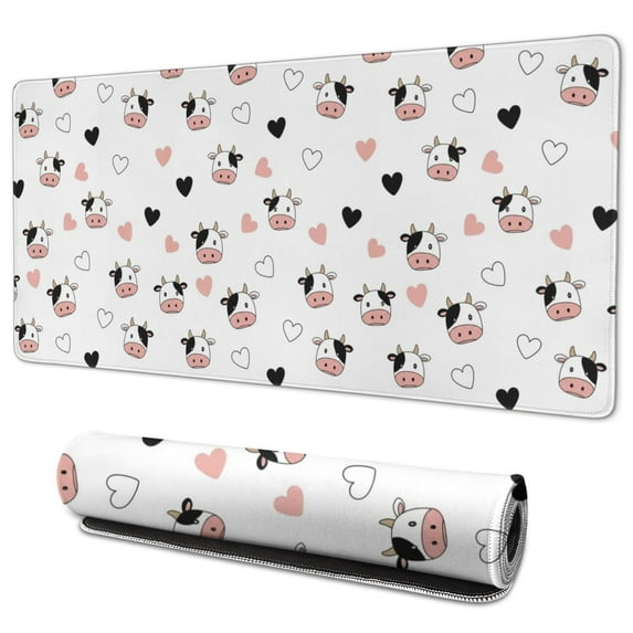 Long Mouse Pads for Desk,White Cow Heart Pattern Desk Mats on Top Of Desks, Desk Mouse Pad Extra Large with 3mm Non-Slip Base and Stitched Edge for Gaming,Office,Work,Home 35.4"x15.7"