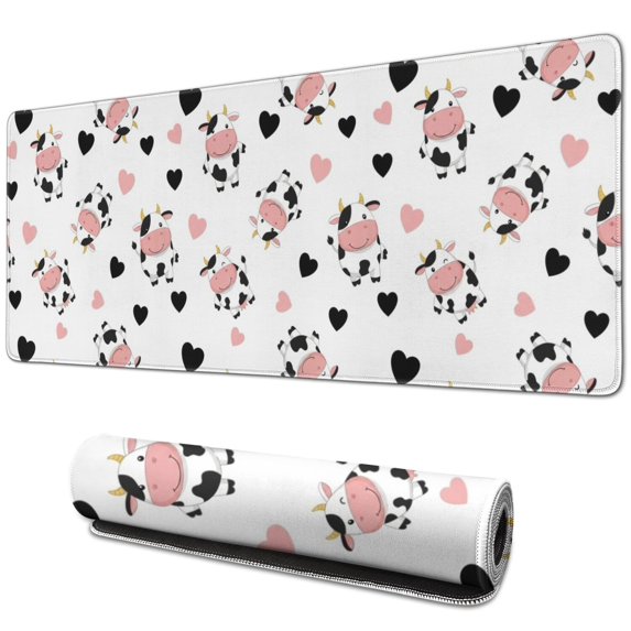Long Mouse Pads for Desk,White Cow Heart Pattern Desk Mats on Top Of Desks, Desk Mouse Pad Extra Large with 3mm Non-Slip Base and Stitched Edge for Gaming,Office,Work,Home 31.5"x11.8"