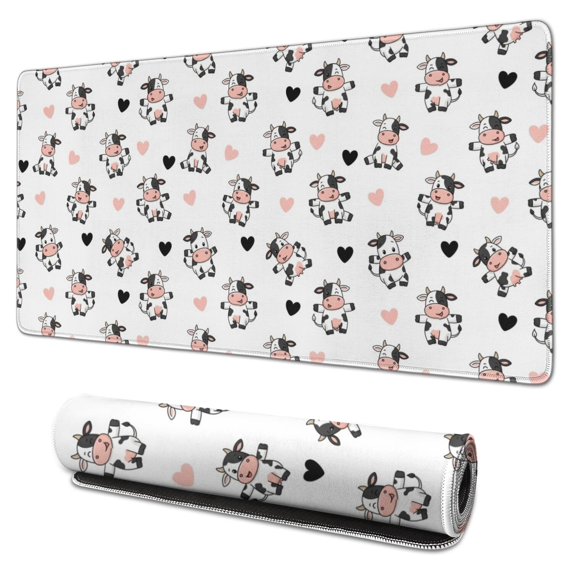 Long Mouse Pads for Desk,White Cow Heart Pattern Desk Mats on Top Of Desks, Desk Mouse Pad Extra Large with 3mm Non-Slip Base and Stitched Edge for Gaming,Office,Work,Home 31.5"x15.7"