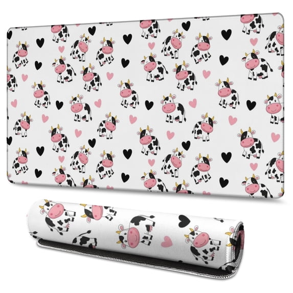 Long Mouse Pads for Desk,White Cow Heart Pattern Desk Mats on Top Of Desks, Desk Mouse Pad Extra Large with 3mm Non-Slip Base and Stitched Edge for Gaming,Office,Work,Home 47.3"x23.6"