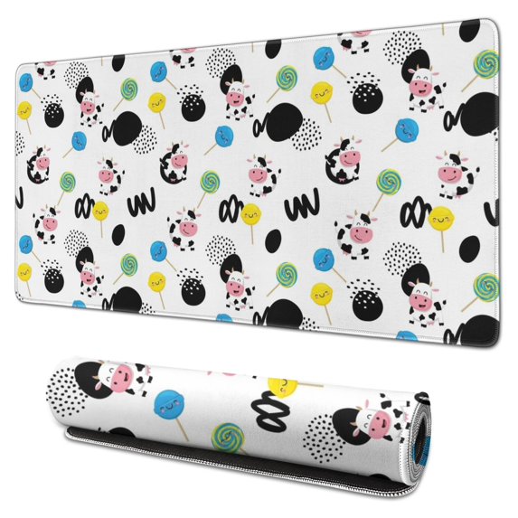 Long Mouse Pads for Desk,White Cow Lollipop Pattern Desk Mats on Top Of Desks, Desk Mouse Pad Extra Large with 3mm Non-Slip Base and Stitched Edge for Gaming,Office,Work,Home 31.5"x15.7"