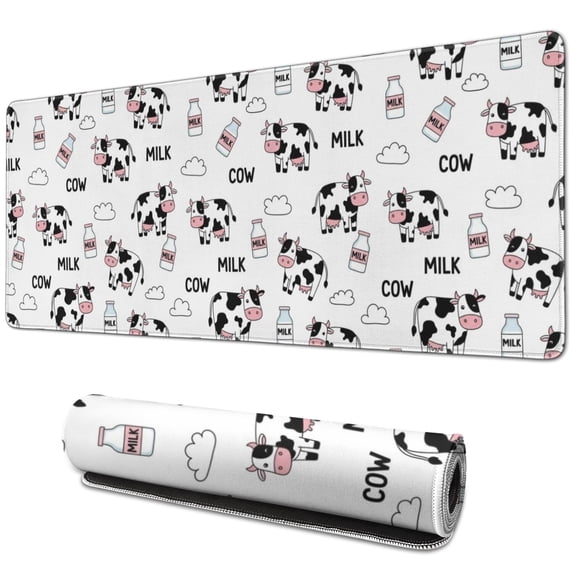 Long Mouse Pads for Desk,White Cow Milk Cow Pattern Desk Mats on Top Of Desks, Desk Mouse Pad Extra Large with 3mm Non-Slip Base and Stitched Edge for Gaming,Office,Work,Home 31.5"x11.8"