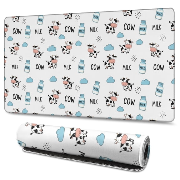 Long Mouse Pads for Desk,White Cow Milk Cow Pattern Desk Mats on Top Of Desks, Desk Mouse Pad Extra Large with 3mm Non-Slip Base and Stitched Edge for Gaming,Office,Work,Home 47.3"x23.6"