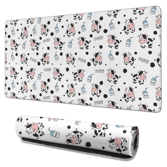 Long Mouse Pads for Desk,White Cow Milk Moo Pattern Desk Mats on Top Of Desks, Desk Mouse Pad Extra Large with 3mm Non-Slip Base and Stitched Edge for Gaming,Office,Work,Home 31.5"x15.7"
