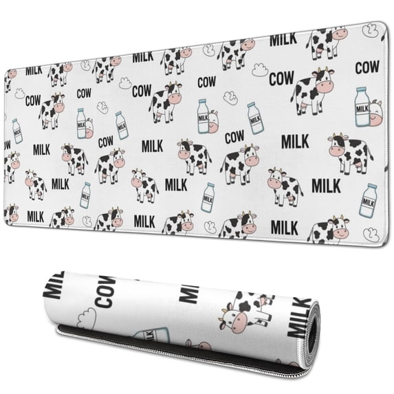 Long Mouse Pads for Desk,White Cow Milk Pattern Desk Mats on Top Of Desks, Desk Mouse Pad Extra Large with 3mm Non-Slip Base and Stitched Edge for Gaming,Office,Work,Home 31.5"x11.8"