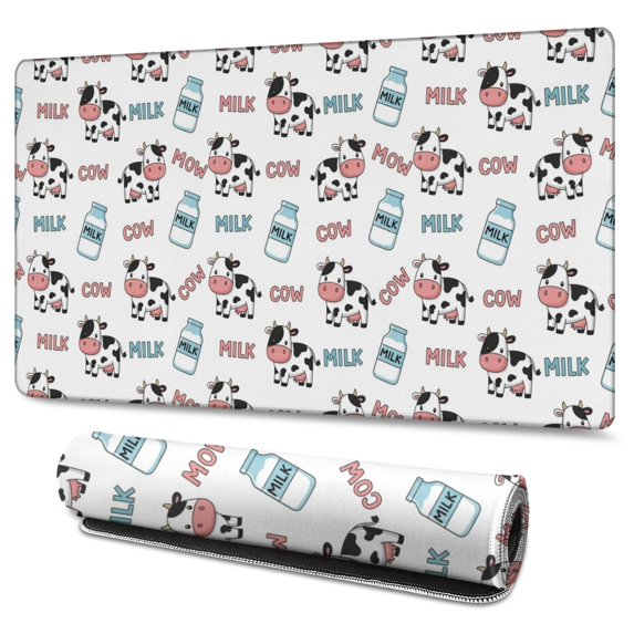 Long Mouse Pads for Desk,White Cow Milk Pattern Desk Mats on Top Of Desks, Desk Mouse Pad Extra Large with 3mm Non-Slip Base and Stitched Edge for Gaming,Office,Work,Home 47.3"x23.6"