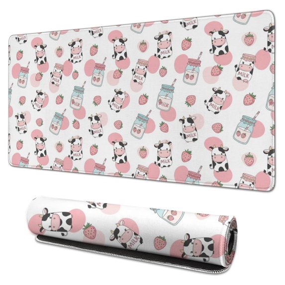 Long Mouse Pads for Desk,White Cow Milk Strawberry Pattern Desk Mats on Top Of Desks, Desk Mouse Pad Extra Large with 3mm Non-Slip Base and Stitched Edge for Gaming,Office,Work,Home 31.5"x15.7"