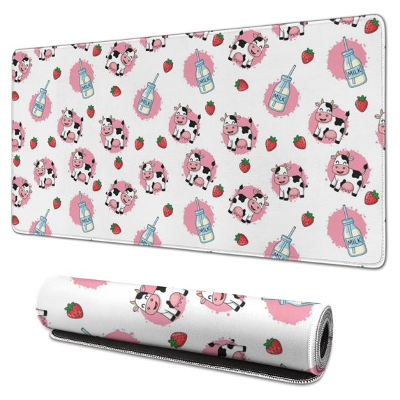 Long Mouse Pads for Desk,White Cow Milk Strawberry Pattern Desk Mats on Top Of Desks, Desk Mouse Pad Extra Large with 3mm Non-Slip Base and Stitched Edge for Gaming,Office,Work,Home 31.5"x15.7"