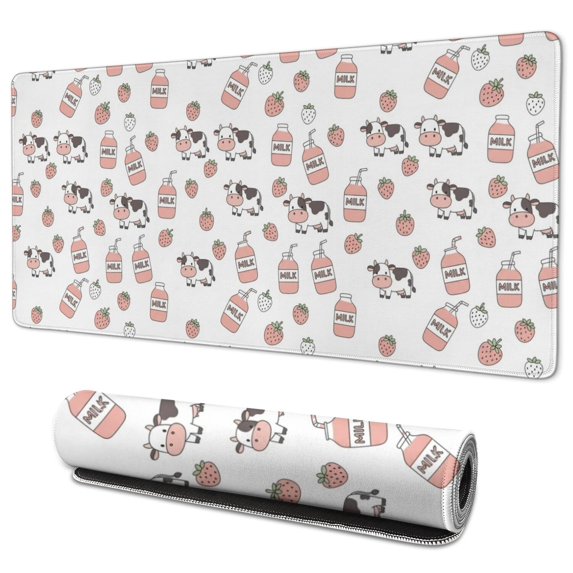 Long Mouse Pads for Desk,White Cow Milk Strawberry Pattern Desk Mats on Top Of Desks, Desk Mouse Pad Extra Large with 3mm Non-Slip Base and Stitched Edge for Gaming,Office,Work,Home 35.4"x15.7"