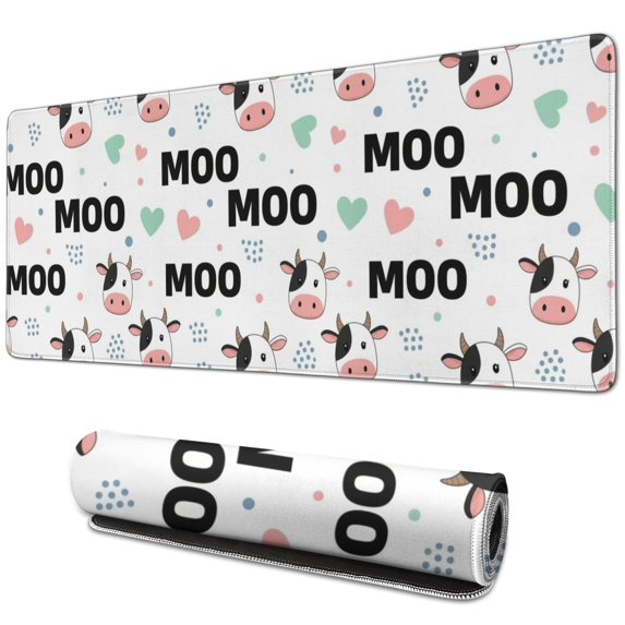 Long Mouse Pads for Desk,White Cow Moo Heart Pattern Desk Mats on Top Of Desks, Desk Mouse Pad Extra Large with 3mm Non-Slip Base and Stitched Edge for Gaming,Office,Work,Home 31.5"x11.8"