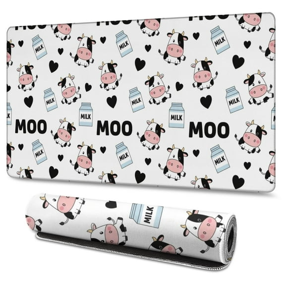 Long Mouse Pads for Desk,White Cow Moo Milk Pattern Desk Mats on Top Of Desks, Desk Mouse Pad Extra Large with 3mm Non-Slip Base and Stitched Edge for Gaming,Office,Work,Home 47.3"x23.6"