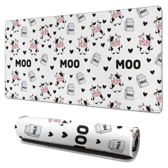 Long Mouse Pads for Desk,White Cow Moo Milk Pattern Desk Mats on Top Of Desks, Desk Mouse Pad Extra Large with 3mm Non-Slip Base and Stitched Edge for Gaming,Office,Work,Home 31.5"x15.7"