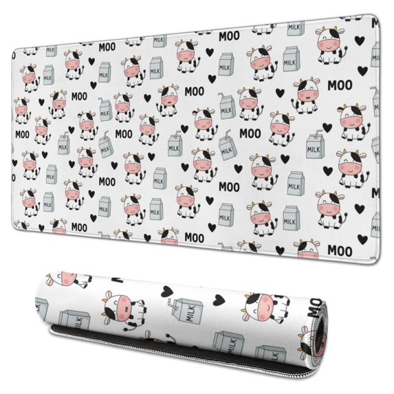 Long Mouse Pads for Desk,White Cow Moo Milk Pattern Desk Mats on Top Of Desks, Desk Mouse Pad Extra Large with 3mm Non-Slip Base and Stitched Edge for Gaming,Office,Work,Home 31.5"x15.7"