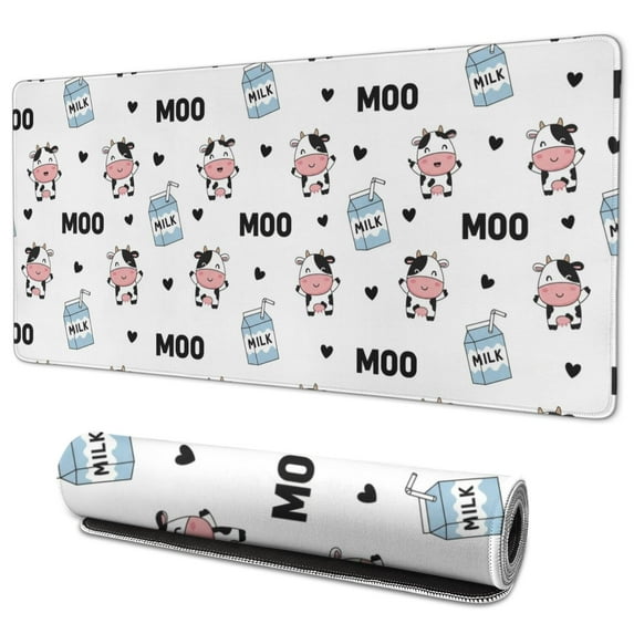 Long Mouse Pads for Desk,White Cow Moo Milk Pattern Desk Mats on Top Of Desks, Desk Mouse Pad Extra Large with 3mm Non-Slip Base and Stitched Edge for Gaming,Office,Work,Home 35.4"x15.7"