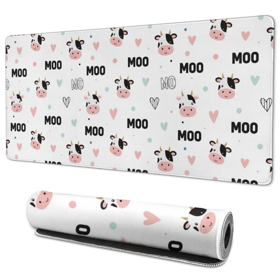 Long Mouse Pads for Desk,White Cow Moo Pattern Desk Mats on Top Of Desks, Desk Mouse Pad Extra Large with 3mm Non-Slip Base and Stitched Edge for Gaming,Office,Work,Home 35.4"x15.7"