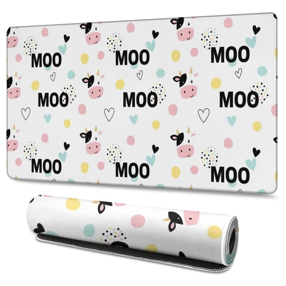 Long Mouse Pads for Desk,White Cow Moo Pattern Desk Mats on Top Of Desks, Desk Mouse Pad Extra Large with 3mm Non-Slip Base and Stitched Edge for Gaming,Office,Work,Home 47.3"x23.6"