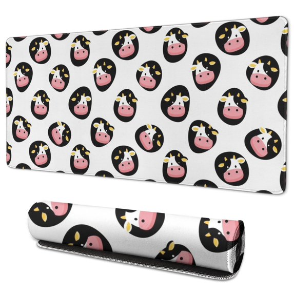 Long Mouse Pads for Desk,White Cow Oval Face Pattern Desk Mats on Top Of Desks, Desk Mouse Pad Extra Large with 3mm Non-Slip Base and Stitched Edge for Gaming,Office,Work,Home 35.4"x15.7"