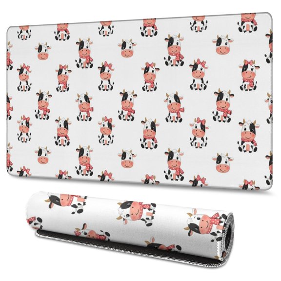 Long Mouse Pads for Desk,White Cow Scarf Pattern Desk Mats on Top Of Desks, Desk Mouse Pad Extra Large with 3mm Non-Slip Base and Stitched Edge for Gaming,Office,Work,Home 47.3"x23.6"