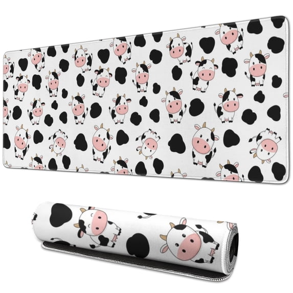 Long Mouse Pads for Desk,White Cow Spot Pattern Desk Mats on Top Of Desks, Desk Mouse Pad Extra Large with 3mm Non-Slip Base and Stitched Edge for Gaming,Office,Work,Home 31.5"x11.8"