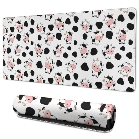 Long Mouse Pads for Desk,White Cow Spot Pattern Desk Mats on Top Of Desks, Desk Mouse Pad Extra Large with 3mm Non-Slip Base and Stitched Edge for Gaming,Office,Work,Home 35.4"x15.7"
