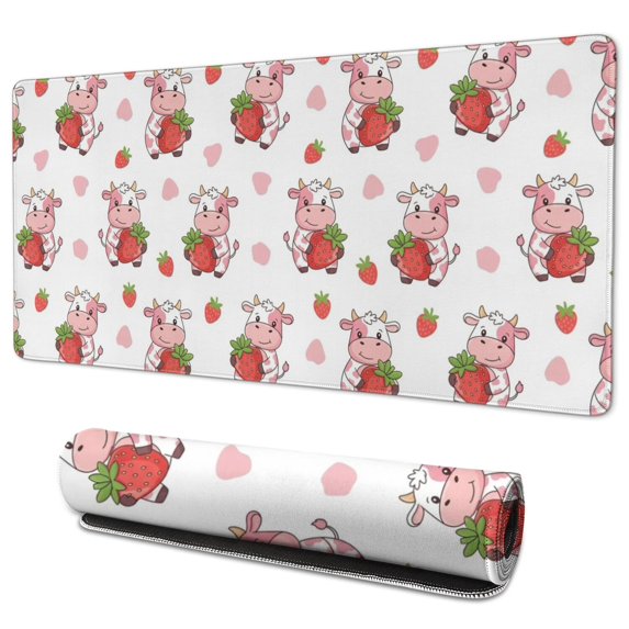 Long Mouse Pads for Desk,White Cow Strawberry Cow Pattern Desk Mats on Top Of Desks, Desk Mouse Pad Extra Large with 3mm Non-Slip Base and Stitched Edge for Gaming,Office,Work,Home 35.4"x15.7"
