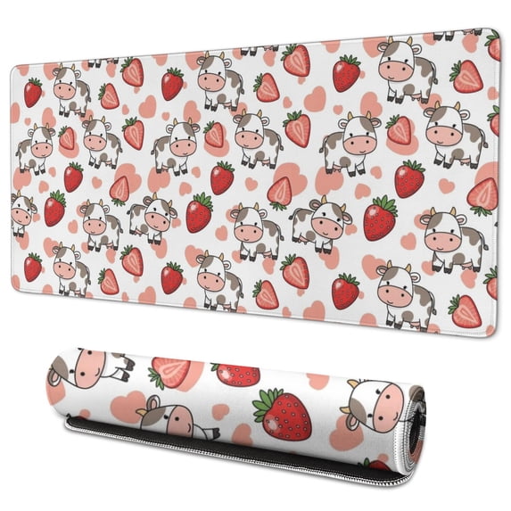 Long Mouse Pads for Desk,White Cow Strawberry Heart Pattern Desk Mats on Top Of Desks, Desk Mouse Pad Extra Large with 3mm Non-Slip Base and Stitched Edge for Gaming,Office,Work,Home 35.4"x15.7"