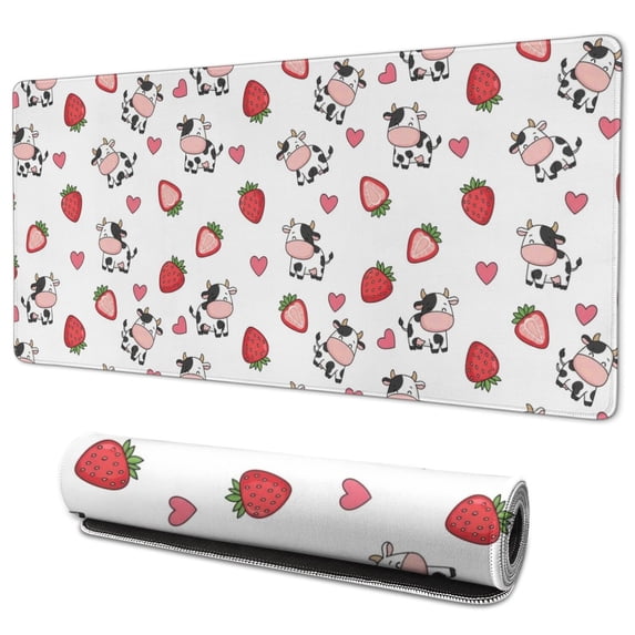 Long Mouse Pads for Desk,White Cow Strawberry Heart Pattern Desk Mats on Top Of Desks, Desk Mouse Pad Extra Large with 3mm Non-Slip Base and Stitched Edge for Gaming,Office,Work,Home 35.4"x15.7"